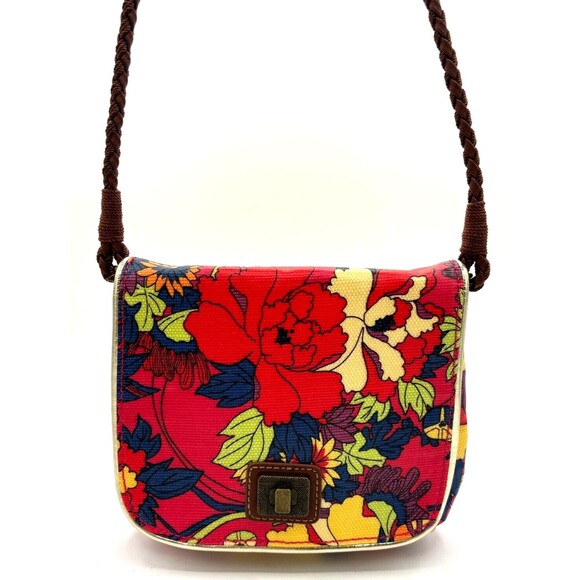 Sakroots Crossbody‎ Saddle Bag Purse Red Multi Color Floral Magnetic Clasp Fold - Picture 1 of 16